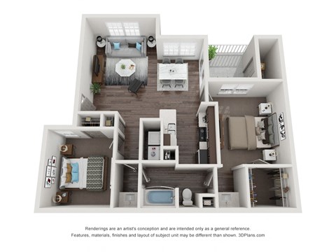 A 3D floor plan of a house with a kitchen, living room, and two bedrooms at Canyon Ridge, Austin, Texas